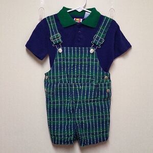 Vintage Peek-A-Babe 2 Piece Green and Navy Blue Shorts Outfit